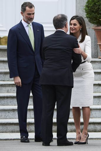 La reine Letizia et le roi Felipe VI d&#039;Espagne avec le président colombien Juan Manuel Santos Calderón à Madrid, le 14 mai 2018