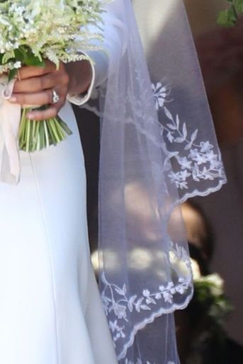 Détail du voile de Meghan Markle le jour de son mariage avec le prince Harry, le 19 mai 2018
