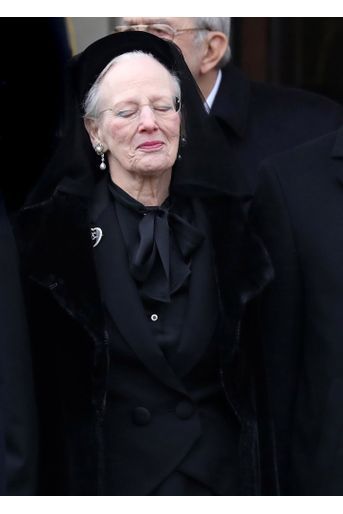 La reine Margrethe du Danemark aux funérailles de son époux le prince Henrik du Danemark. 