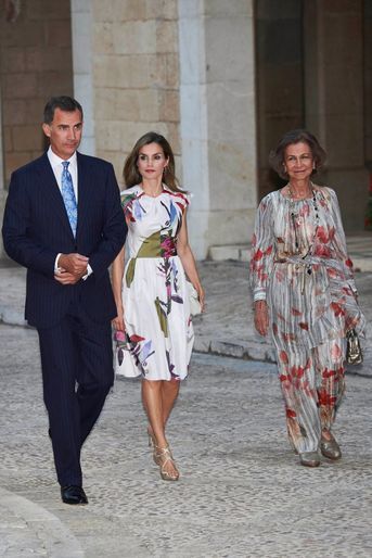 La reine Letizia et le roi Felipe VI d'Espagne avec l'ancienne reine Sofia à Palma de Majorque, le 7 août 2016