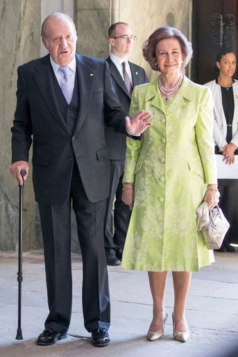L'ex-reine Sofia et l'ex-roi Juan Carlos d'Espagne à Stockholm, le 30 avril 2016