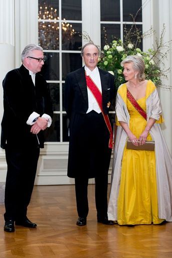 Le prince Laurent et la princesse Astrid de Belgique, avec son mari l'archiduc Lorentz, au château de Laeken à Bruxelles, le 8 mars 2016