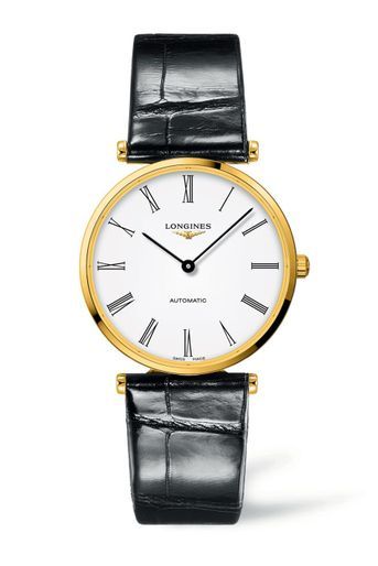 Lancée en 1992, La Grande Classique de Longines est un archétype de la montre de ville. Élégante, son calibre L591 anime un cadran blanc, un boîtier fin en PVD jaune et un bracelet en croco. 1 670 euros.