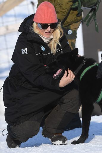 La princesse Mette-Marit de Norvège affectueuse avec un chien de traîneau au Svalbard, le 21 avril 2022  