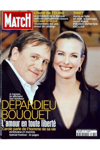 «Depardieu &amp; Bouquet, l&#039;amour en toute liberté. À Cannes, ils affichent leur bonheur. Carole parle de l&#039;homme de sa vie.» - Paris Match n°2661, daté du 25 mai 2000
