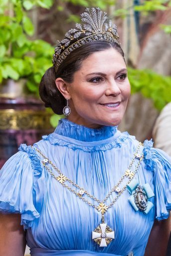 La princesse héritière Victoria de Suède coiffée de la &quot;Napoleonic Cut Steel Tiara&quot; à Stockholm, le 17 mai 2022
