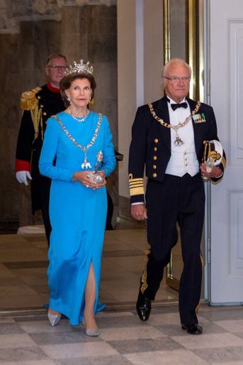 La reine Silvia et le roi Carl XVI Gustaf de Suède au château de Christiansborg à Copenhague, le 11 septembre 2022 