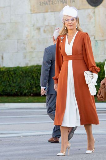 La reine Maxima et le roi Willem-Alexander des Pays-Bas, dans une robe Zeus + Dione, à Athènes le 31 octobre 2022