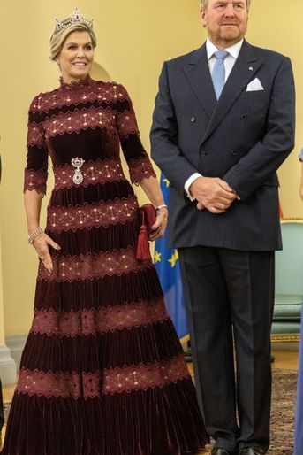 La reine Maxima des Pays-Bas vêtue d'une robe de Christos Costarellos à Athènes, le 31 octobre 2022