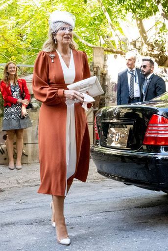 La reine Maxima des Pays-Bas dans une robe griffée Zeus & Dione à Athènes, le 31 octobre 2022