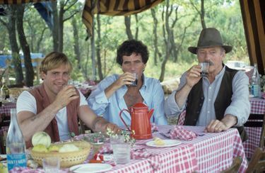 Sur le tournage de « Jean de Florette » avec Gérard Depardieu et Yves Montand en 1985.