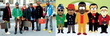 La photo préférée de Virgil Abloh (en doudoune bleu clair) : durant la fashion week parisienne de 2009, avec (de g. à dr.) Don C, Taz Arnold, Chris Julian, Kanye West et Fonzworth Bentley. Leur look parodié dans le dessin animé « South Park » (ci-dessous).