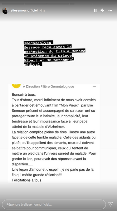 Elie Semoun partage sur Instagram un message reçu après la projection du film "Mon Vieux" à Monaco en novembre 2021