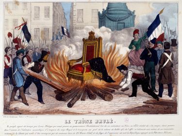 Gravure figurant le trône brûlant place de la Bastille, le 25 février 1848 (Paris, Musée Carnavalet)