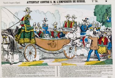 Image d’Epinal montrant la tentative d’assassinat du tsar Alexandre II à Paris le 6 juin 1867