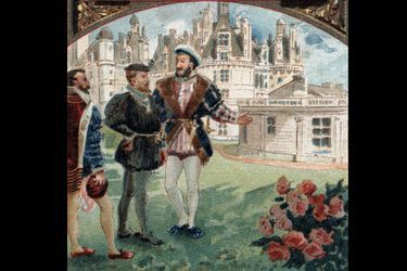 Charles Quint reçu par Francois Ier au château de Chambord. Chromolithographie de la fin du XIXe siècle