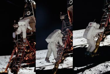 Buzz Aldrin est le deuxième homme à marcher sur la Lune. Il est photographié par Neil Armstrong qui est descendu du LEM, le module lunaire Eagle, une demi-heure plus tôt.