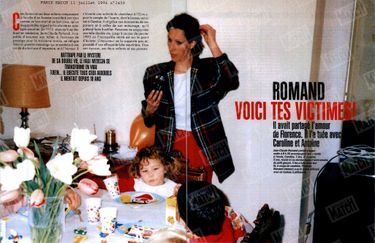 "Jean-Claude Romand partait chaque matin à 8h30 accompagner ses enfants à l'école, Caroline, 7 ans, et Antoine, 5 ans, réunis ici au dernier repas d'anniversaire du petit garçon. Il les a tués dans leur lit, à coups de carabine. Florence Romand (debout) a eu le crâne défoncé avec un rouleau à pâtisserie." (Paris Match n°2459, daté du 11 juillet 1996)