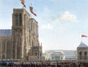 Notre-Dame de Paris lors du sacre de Napoléon. Gravure aquarellée de Percier, 1807