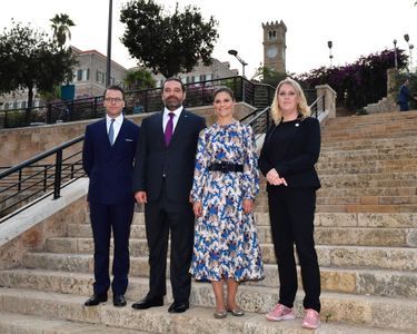 La princesse Victoria de Suède à Beyrouth le 18 octobre 2018 avec le prince consort Daniel et le Premier ministre libanais Saad Hariri