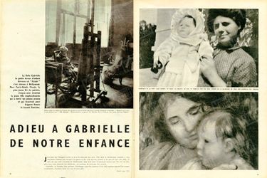 À gauche : "Renoir dans son atelier de Caques, peu avant sa mort en 1919. Une fois, le peintre demanda à Gabrielle : 'Quand vous posez à quoi pensez-vous ?' Elle répondit : 'Généralement à ce pauvre M. Dreyfus. En ce moment, aux petits pois qui brûlent.'" - À droite : "Gabrielle et le petit Jean Renoir. En haut, la réalité. En bas, le tableau. C'est en 1894, l'année de la naissance de Jean, que Gabrielle fût engagée." - Paris Match n°518, 14 mars 1959