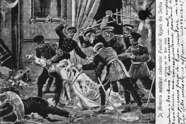Assassinat du roi et de la reine de Serbie le 11 juin 1903. Gravure