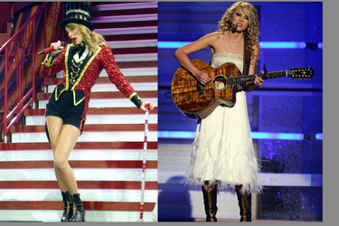 Taylor Swift sur le thème duc irque pour son album "Red" (à gauche) et au début de sa carrière country (à droite)