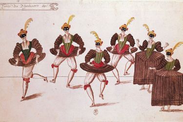 Dessin de l’"Entrée des Esperducattis" lors du "Ballet des Ridicules", dansé par Louis XIII à Saint-Germain le 12 janvier 1628