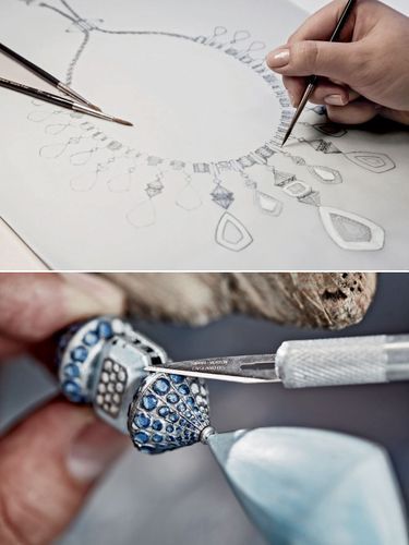 En haut: le dessin du collier réversible Jodhpur, dessiné par Claire Choisne. En bas: Dans les ateliers Boucheron à Paris, montage du collier sur la face sertie de cristal et de saphirs.