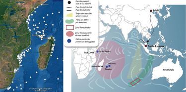 La carte de l’océanographe Charitha Pattiaratchi. Dès août 2014, il modélisait (points blancs) les endroits où les débris seraient susceptibles d’échouer.