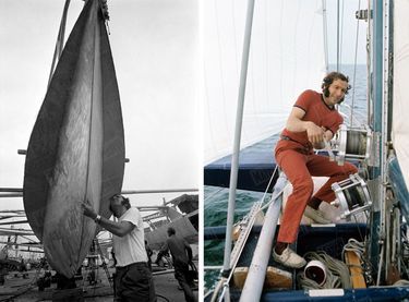 Alain Colas et Manureva : sur le chantier naval en juin 1973, à bord en mai 1975.