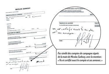 Fac-similé des comptes de campagne signés de la main de Nicolas Sarkozy, avec la mention : « Vu et certifié exact le compte et ses annexes. »