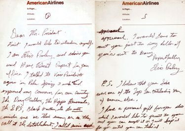 La lettre manuscrite dans laquelle Elvis demande une entrevue au président. Ecrite dans l’avion qui le mène à Washington, elle a été remise à Nixon le matin même.