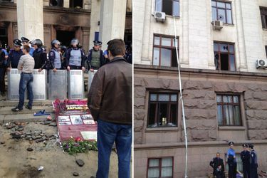 A gauche, la foule de pro-russes furieux s'amassant devant la Maison des Syndicats à Odessa, le samedi 2 mai au lendemain du drame. A droite, les rideaux noués et les cordages dont se sont servis certains pour échapper au brasier.