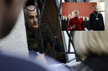 Andrey Denisenko, one of the leaders of the nationalist group Pravy Sektor, seen hear entrenched in the town hall at Krasnoarmeysk on Sunday, may 11, talking to the crowd who wants to get in to take part in the referendum. To the side, the same, photographed on March 22, 2014 in kiev, during a press conference given by Pravy Sektor. The group’s banner can be seen in the background : red and black with a trident.
