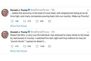 Les tweets de Donald Trump sur Robert De Niro, depuis effacés.