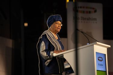 L'ancienne présidente du Libéria Ellen Johnson Sirleaf lors de la remise de son prix à Kigali le 27 avril 2018