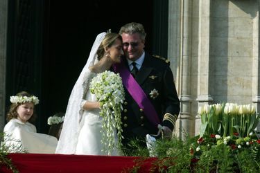 Le prince Laurent de Belgique et Claire Coombs le 12 avril 2003, jour de leur mariage
