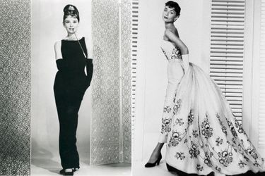 Audrey Hepburn en Givenchy dans "Diamants sur canapé." A d.: pour « Sabrina » en 1954