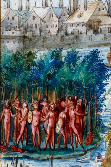 Détail du village indien sur la miniature figurant l’entrée royale d’Henri II et Catherine de Médicis à Rouen le 1er octobre 1550 (Bibliothèque municipale de Rouen)
