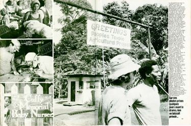Photo de gauche, en haut : "L'atelier de réparation de vieux vêtements revendus aux USA." - Photo de gauche, au milieu : "L'atelier de soudure. On y faisait des bijoux." - Photo de gauche, en bas : "La nursery comptait quelque cinquante bébés, tous exécutés." - Photo de droite : "À Jonestown, les cultures principales étaient l'arachide et la banane. La communauté vivait de sa production." - Paris Match n°1541, 8 décembre 1978