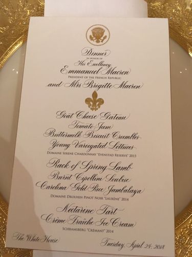 Le menu du dîner d'Etat du 24 avril 2018, donné par Donald Trump en l'honneur d'Emmanuel Macron.