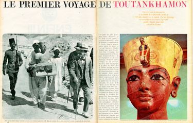 "Il y a 45 ans, la découverte de la tombe de ce pharaon, vieille de 3300 ans, bouleversa le monde. Par un privilège extraordinaire, ces trésors d’art ont quitté l'Egypte pour être exposés en France." - Paris Match n°929, 28 janvier 1967.