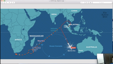 En pointillé la trajectoire supposée du vol MH370.