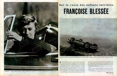 «La romancière : "Quand je conduis, disait-elle, je veux faire corps avec la machine".Mais c'est un jeu dangereux pour soi et pour les autres.» - Paris Match n°420, 27 avril 1957