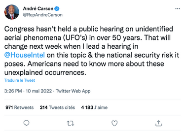 Le tweet d'André Carson annonçant l'audience du 17 mai: "Le Congrès n'a pas tenu d'audience publique sur les phénomènes aériens non identifiés (OVNI) depuis plus de 50 ans. Cela changera la semaine prochaine lorsque je dirigerai une audience en @HouseIntel sur ce sujet et le risque pour la sécurité nationale qu'il pose. Les Américains ont besoin d'en savoir plus sur ces événements inexpliqués."