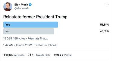 Le sondage lancé par Elon Musk sur Twitter, favorable au retour de Donald Trump sur le réseau social.