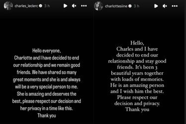 Charles Leclerc et Charlotte Siné ont annoncé la fin de leur relation sur Instagram, le 6 décembre 2022.