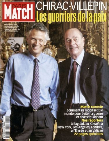 Jacques Chirac et Dominique de Villepin, «les guerriers de la paix» en couverture de Paris Match n°2805, daté du 20 février 2003.