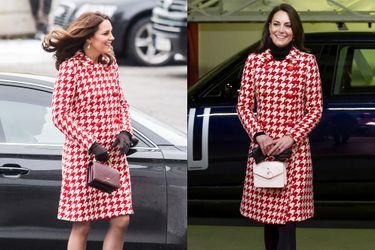 Kate Middleton dans son manteau pied-de-poule Catherine Walker, d'abord à Stockholm en 2018, puis à Cardiff le 26 février 2023.